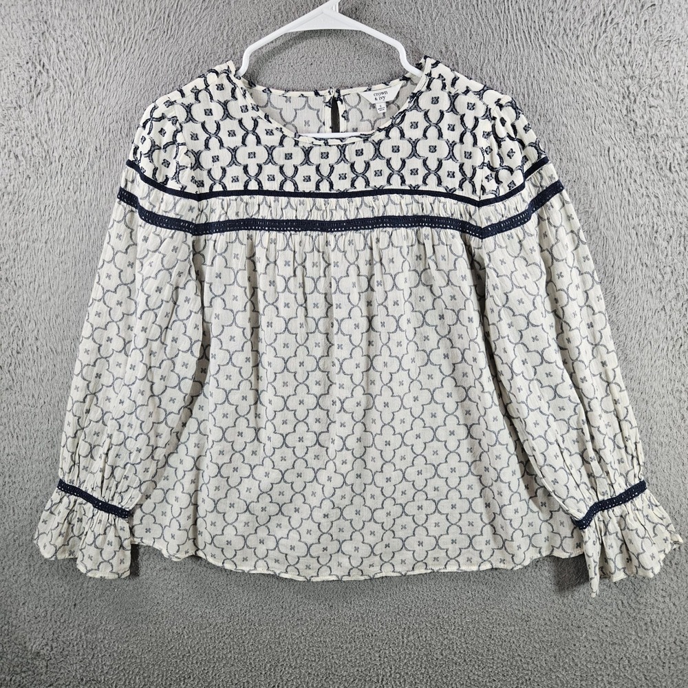 Crown & Ivy Womens Small Navy Blue White Cotton Geometric Peasant‎ Blouse Top